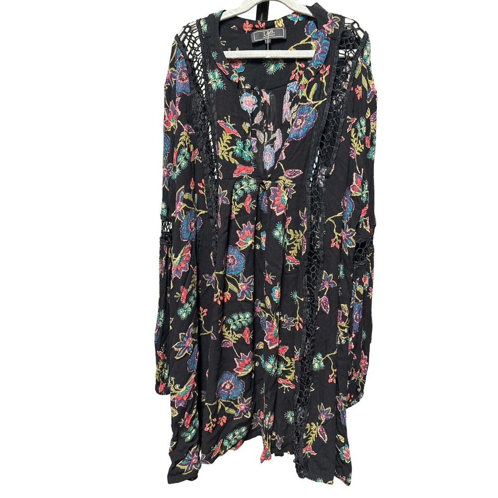 L&B Boho Babydoll Tunic Floral Black Crochet Lace Free People Style Size Large
